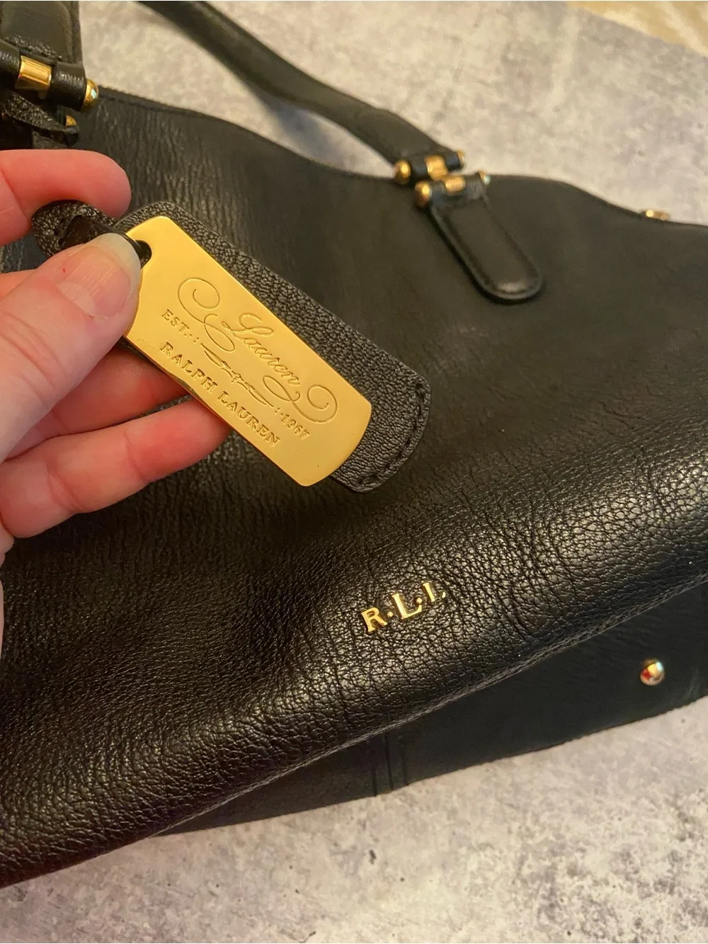 Lauren Ralph Lauren Black Leather Triple Pocket Dome Satchel
